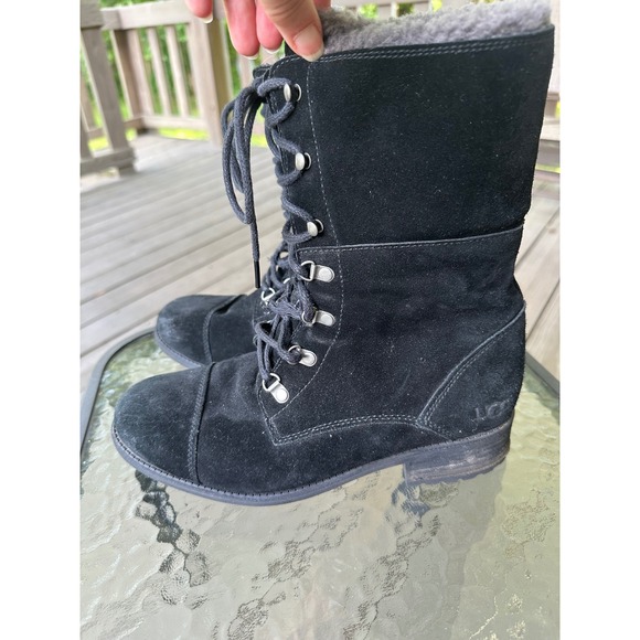 UGG Black Suede Leather Lace Up Shearling Lined Winter‎ Boots Women's Size 10 - Picture 1 of 11